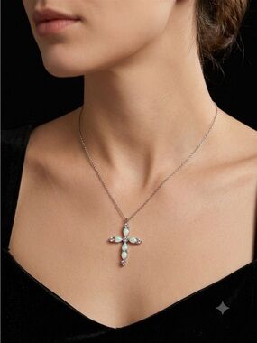 Opal Sterling Silver & Diamond Cross Necklace